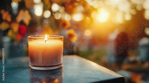 Votive Candle Illuminating Cemetery on All Saints' Day, All Souls' Day in Poland, Honoring Day of the Dead Memorial Tradition, Honoring the Dead on Graveyard.