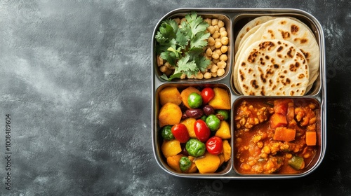 A tiffin box filled with roti, curry, and vegetables for Indian children, with ample copy space. photo