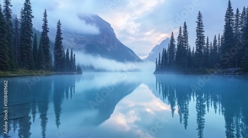 Misty morning light reflects on a serene mountain lake, showcasing tranquil nature.