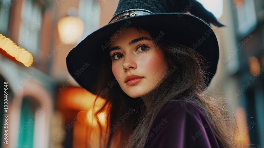 Charming and Confident Young Woman in Witch Hat, Haloween Costume, Festive, Spooky, Mysterious Look. Charming and Confident Young Woman in Witch Hat, Haloween Costume, Festive, Spooky, Mysterious Look.
