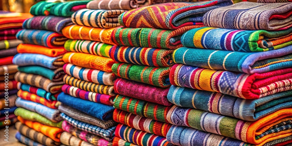 A colorful display of woven fabric, stacked in a neat, organized manner, each layer showcasing vibrant patterns and hues, a testament to the skill and artistry of the weaver. A colorful display of woven fabric, stacked in a neat, organized manner, each layer showcasing vibrant patterns and hues, a testament to the skill and artistry of the weaver.