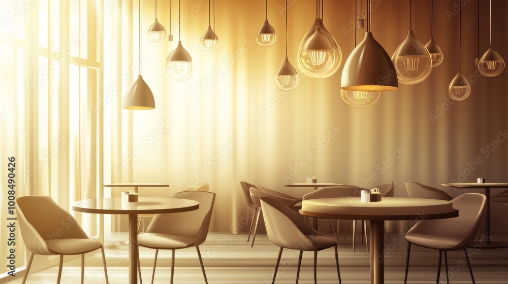 Modern cafe interior with large window and hanging lamps. Modern cafe interior with large window and hanging lamps.