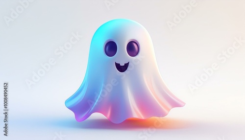 3d cartoon ghost icon. 3d cute icon of a ghost for Halloween, isolated on a black background. Halloween ghost 3d illustration. Glowing neon ghost.