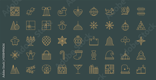 Merry Christmas and New Year holidays elements icons set. Winter holiday simple elements. Abstract modern vector snowflakes, gift box, ball, star