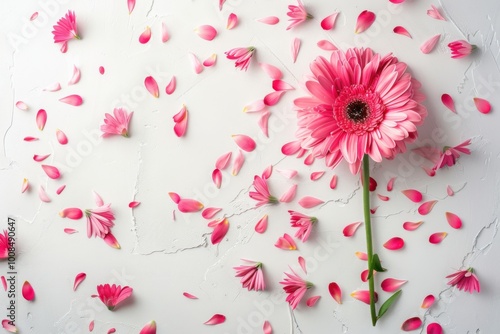 Beautiful pink gerbera daisy surrounded by delicate petals in a floral flat lay showcasing nature-inspired beauty and vibrant colors






