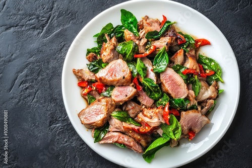 Stir Fried slice duck breast meat with Thai Basil leave in white plate.asian spicy food - generative ai