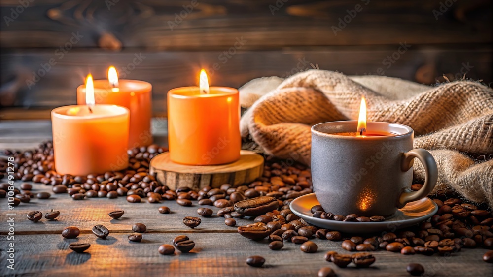 A Warm and Inviting Still Life with Burning Candles, a Cup of Coffee, and Scattered Coffee Beans on a Rustic Wooden Surface A Warm and Inviting Still Life with Burning Candles, a Cup of Coffee, and Scattered Coffee Beans on a Rustic Wooden Surface
