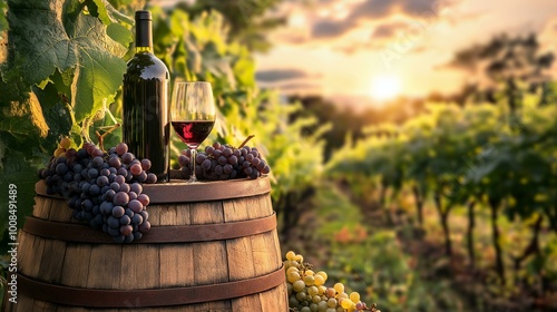 Wine Bottle and Glass on Barrel with Grapes at Sunset in Vineyard Landscape