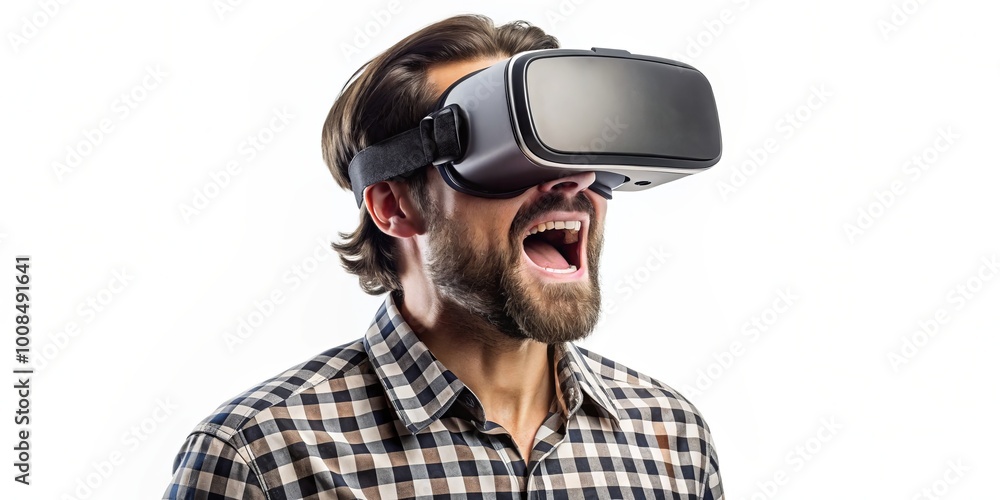 Enthralled person absorbed in virtual reality using a headset, set against a stark white background, highlighting Enthralled person absorbed in virtual reality using a headset, set against a stark white background, highlighting
