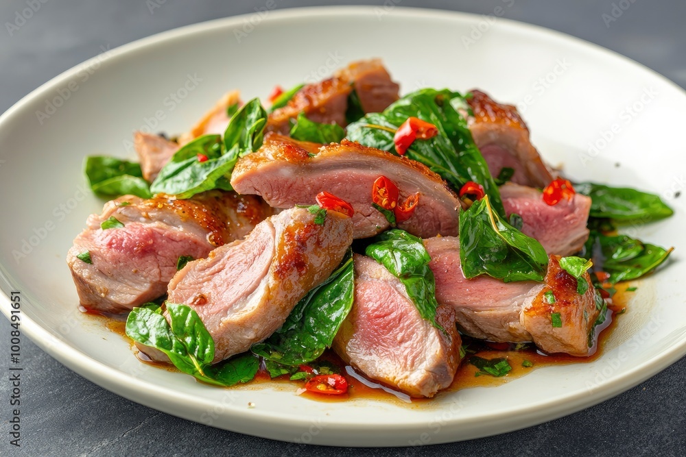 Stir Fried slice duck breast meat with Thai Basil leave in white plate.asian spicy food - generative ai Stir Fried slice duck breast meat with Thai Basil leave in white plate.asian spicy food - generative ai