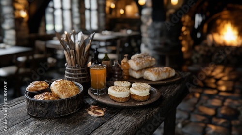 Medieval Tavern Feast, a cozy gathering around a warm fire, rustic tables laden with hearty food and drinks, vibrant atmosphere of camaraderie and celebration.