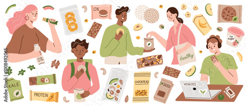 Healthy snacks vector illustration set, people eating nutrition bars, dried fruits, and seeds. Flat cartoon style, organic, vegan, and protein packed foods for modern casual lifestyles