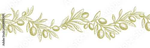 Olive seamless print Green tree, fruit Organic oil