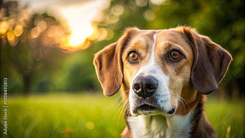 A Dog Gazes Intently with Soft Golden Eyes, Its Expression a Mixture of Curiosity and Serenity, Against a Blurred Background of Warm Sunset Light Filtering Through Lush Green Foliage A Dog Gazes Intently with Soft Golden Eyes, Its Expression a Mixture of Curiosity and Serenity, Against a Blurred Background of Warm Sunset Light Filtering Through Lush Green Foliage