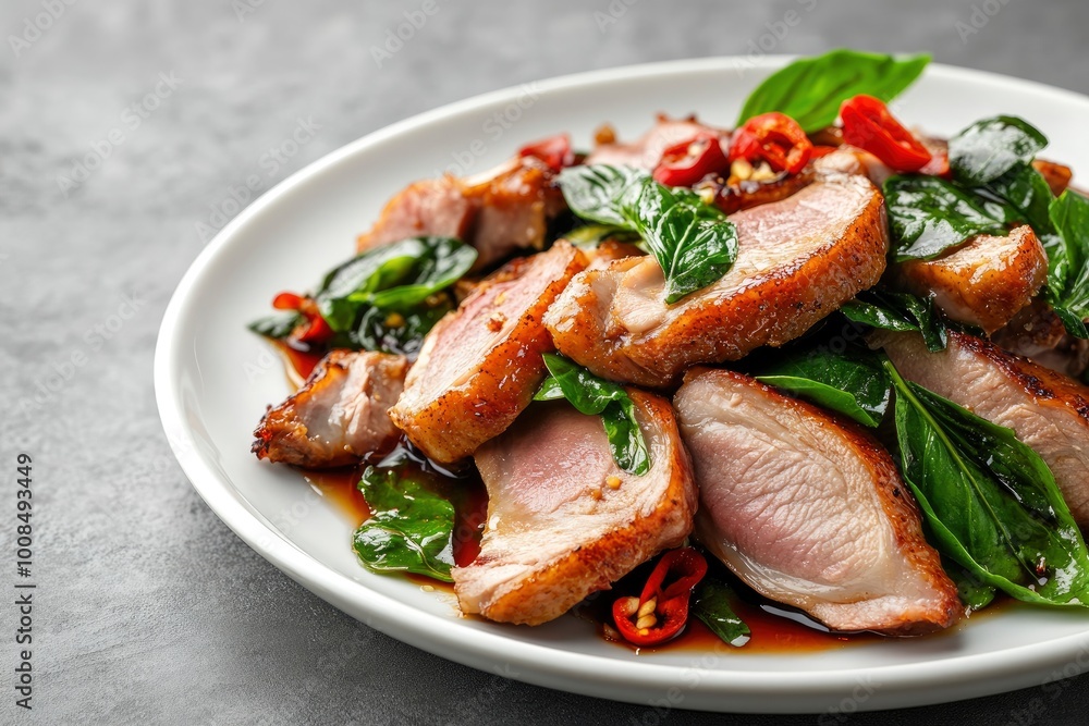 Stir Fried slice duck breast meat with Thai Basil leave in white plate.asian spicy food - generative ai Stir Fried slice duck breast meat with Thai Basil leave in white plate.asian spicy food - generative ai