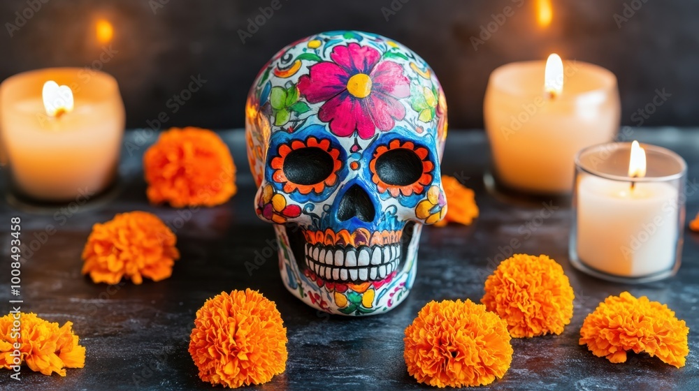 A colorful sugar skull with intricate designs, set in a festive Dia de los Muertos altar surrounded by candles and marigolds. Realistic A colorful sugar skull with intricate designs, set in a festive Dia de los Muertos altar surrounded by candles and marigolds. Realistic