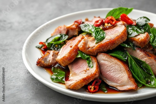 Stir Fried slice duck breast meat with Thai Basil leave in white plate.asian spicy food - generative ai