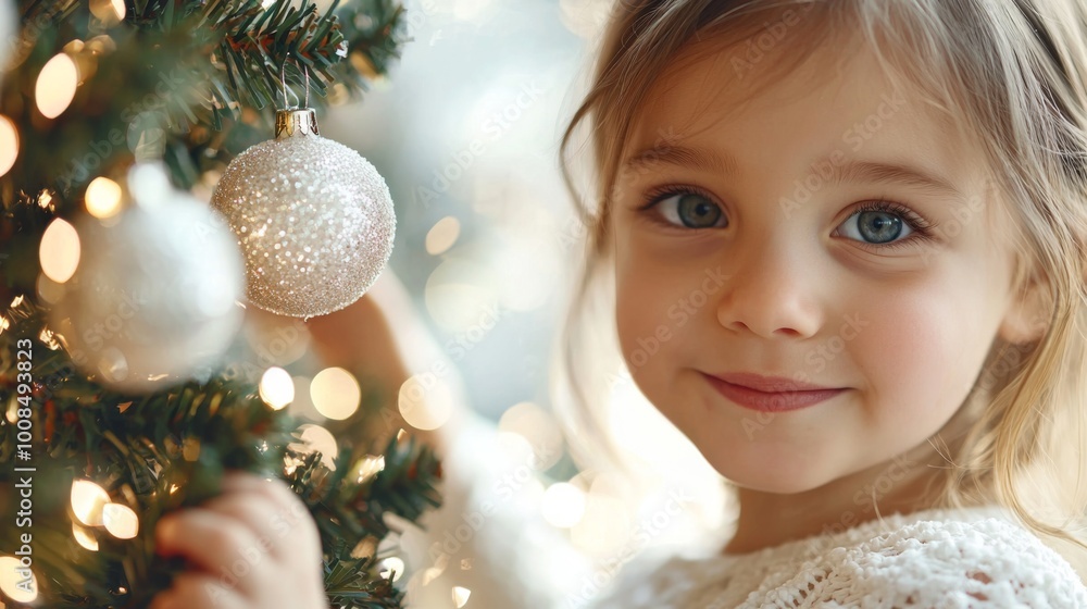 Joyful young girl adorning a festive Christmas tree in a cozy home, embodying the spirit of winter holidays and the warmth of family celebrations. Joyful young girl adorning a festive Christmas tree in a cozy home, embodying the spirit of winter holidays and the warmth of family celebrations.