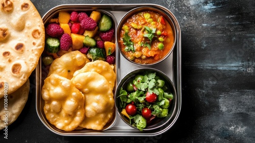 Wallpaper Mural Indian lunchbox for kids with poori, sabzi, and a side of fruit, copy space available. Torontodigital.ca