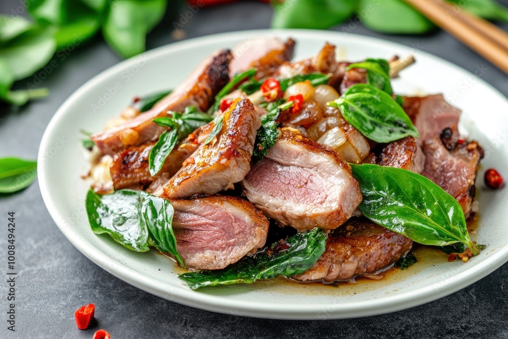 Stir Fried slice duck breast meat with Thai Basil leave in white plate.asian spicy food - generative ai Stir Fried slice duck breast meat with Thai Basil leave in white plate.asian spicy food - generative ai