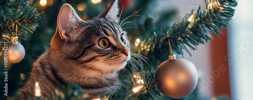 Adorable cat climbed onto decorated festive Christmas tree. Playful curious cat sits comfortably among branches and glowing garland lights. Holiday mischief and joy. Banner with copy space