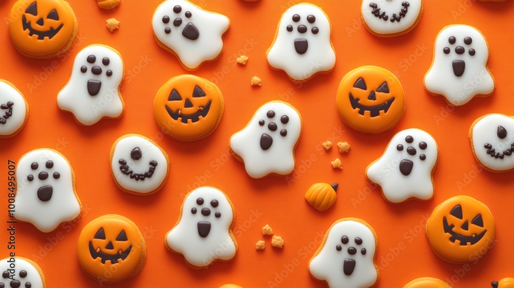 A festive pattern of ghost and pumpkin-shaped cookies on an orange background, perfect for Halloween decoration. Realistic, detailed A festive pattern of ghost and pumpkin-shaped cookies on an orange background, perfect for Halloween decoration. Realistic, detailed