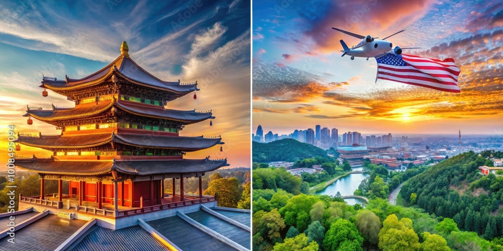 Fototapeta premium Dynamic Comparison of China and USA with Symbols Representing Economic and Cultural Aspects