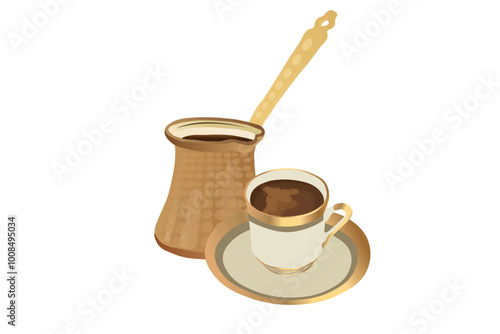 Traditional turkish coffee serve with cezve and small porcelain coffee cup. traditional Turkish coffee pot and cup vector illustration.