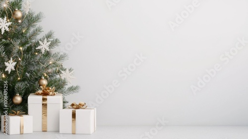 Cozy Holiday Retreat, a festive scene showcasing a beautifully adorned Christmas tree beside a warm fireplace, minimalist decor creating a serene atmosphere, inviting festive cheer.