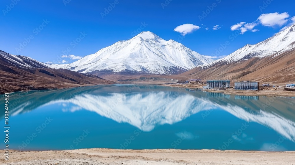 Naklejka premium High-altitude mountain lake surrounded by steep cliffs and alpine scenery, with crystal-clear waters