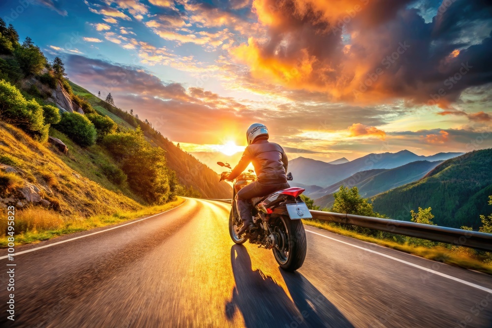 Dynamic motorbike on a scenic road, showcasing speed, freedom, and the thrill of adventure riding Dynamic motorbike on a scenic road, showcasing speed, freedom, and the thrill of adventure riding
