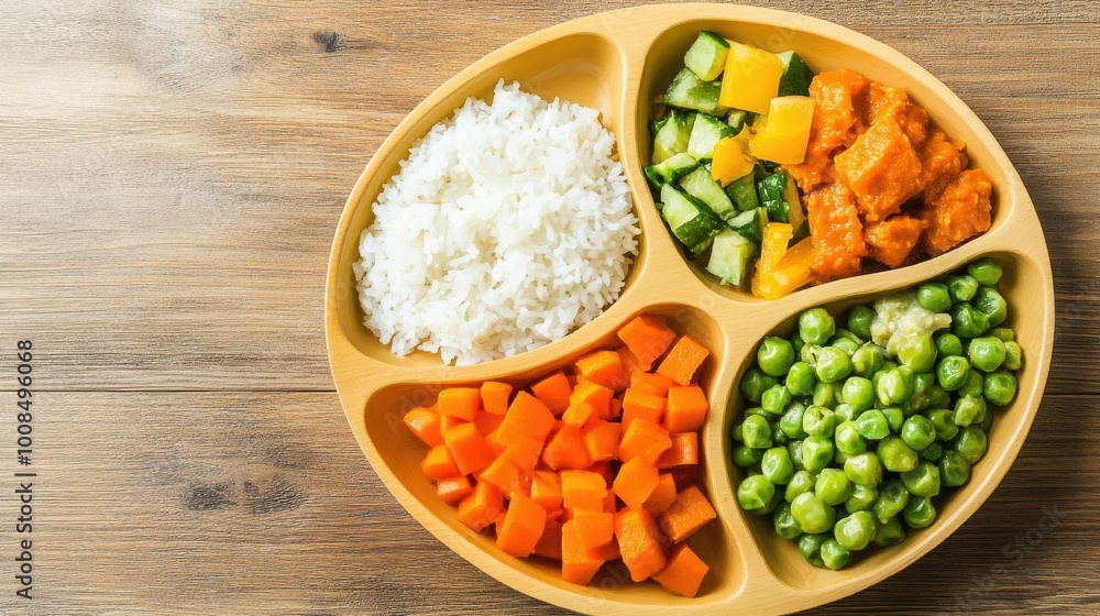 Nutritious school meal with rice, dal, and vegetables for Indian kids, with space for text. Nutritious school meal with rice, dal, and vegetables for Indian kids, with space for text.