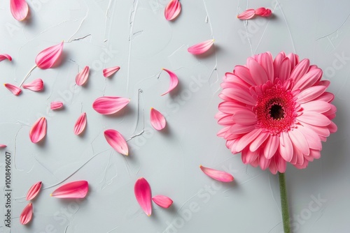 Beautiful pink gerbera daisy surrounded by delicate petals in a floral flat lay showcasing nature-inspired beauty and vibrant colors






