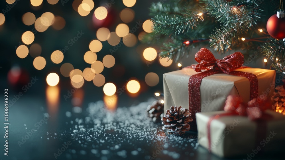 Cozy Christmas Essence, a warm scene featuring a softly glowing tree beside a crackling fireplace, surrounded by gifts in a minimalist, serene interior setting. Cozy Christmas Essence, a warm scene featuring a softly glowing tree beside a crackling fireplace, surrounded by gifts in a minimalist, serene interior setting.