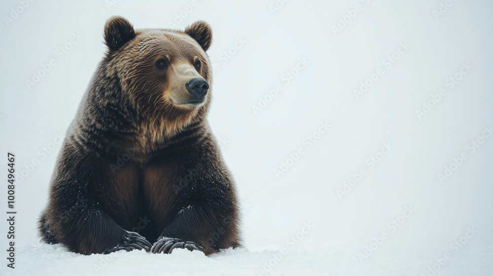 Obraz premium A large brown bear is sitting on snow, surrounded by a white background that emphasizes its fluffy fur and calm expression