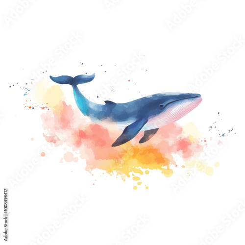 Watercolor painting of a cute whale jumping out of the water isolated on a white background