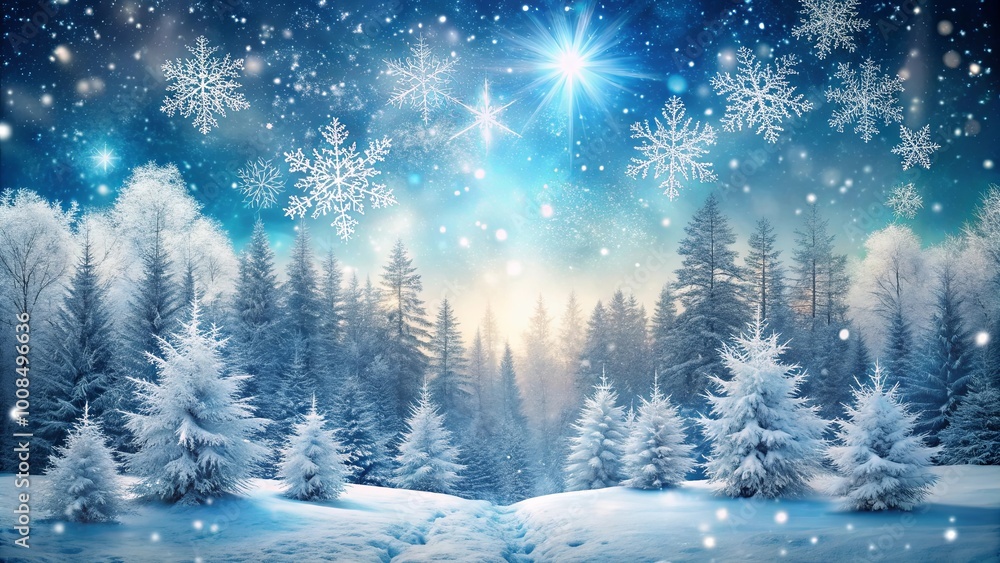 A luminous winter scene with snow-covered trees and a vibrant sky adorned with delicate snowflakes A luminous winter scene with snow-covered trees and a vibrant sky adorned with delicate snowflakes