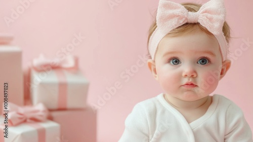 Joyful baby girl surrounded by colorful gift boxes on a soft pink background, celebrating a special occasion with a playful and cheerful atmosphere. photo