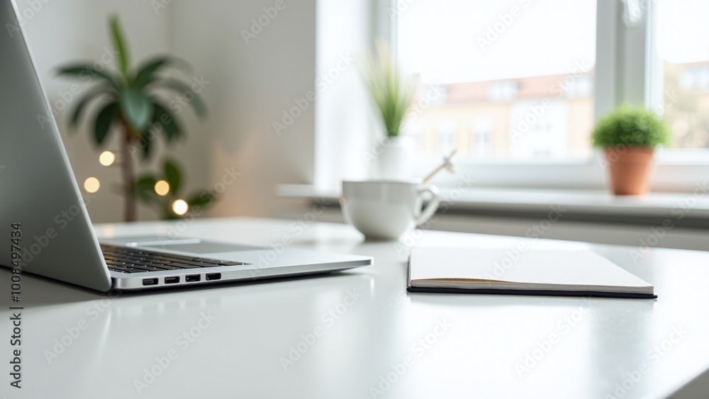 Fototapeta premium Modern workspace with a laptop, notepad, and coffee cup in a cozy home setting