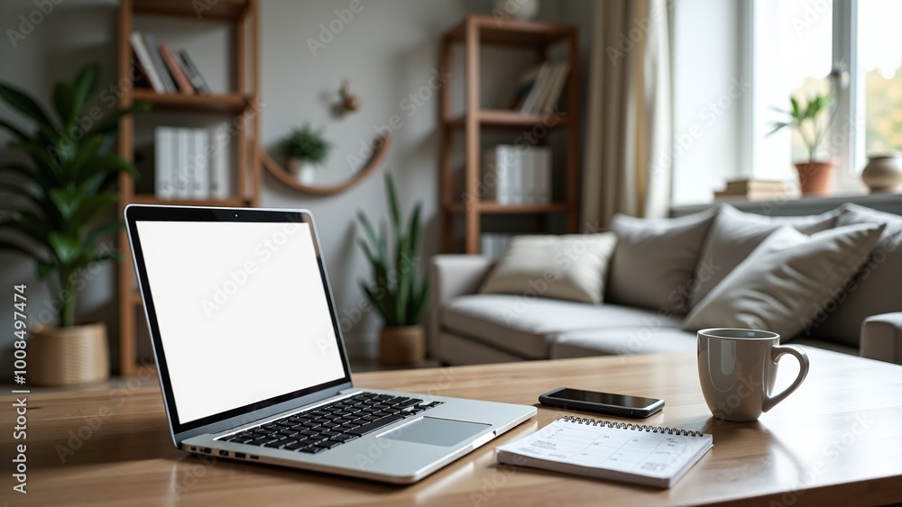 Modern workspace with a laptop, notepad, and coffee cup in a cozy home setting Modern workspace with a laptop, notepad, and coffee cup in a cozy home setting