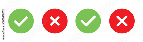 check mark icon button set. check box icon with right and wrong buttons and yes or no checkmark icons in green tick box and red cross