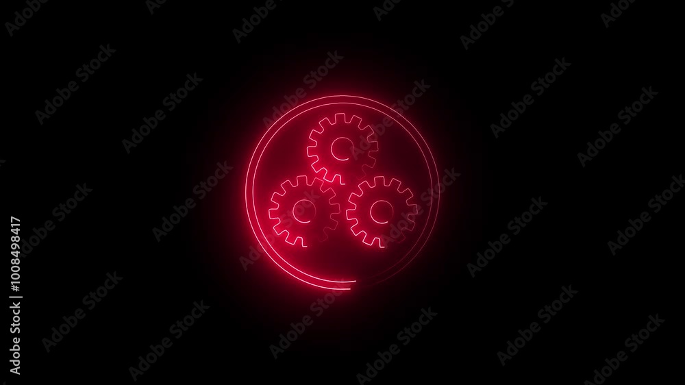 Glowing neon red color gear icon looped animation on black background Glowing neon red color gear icon looped animation on black background