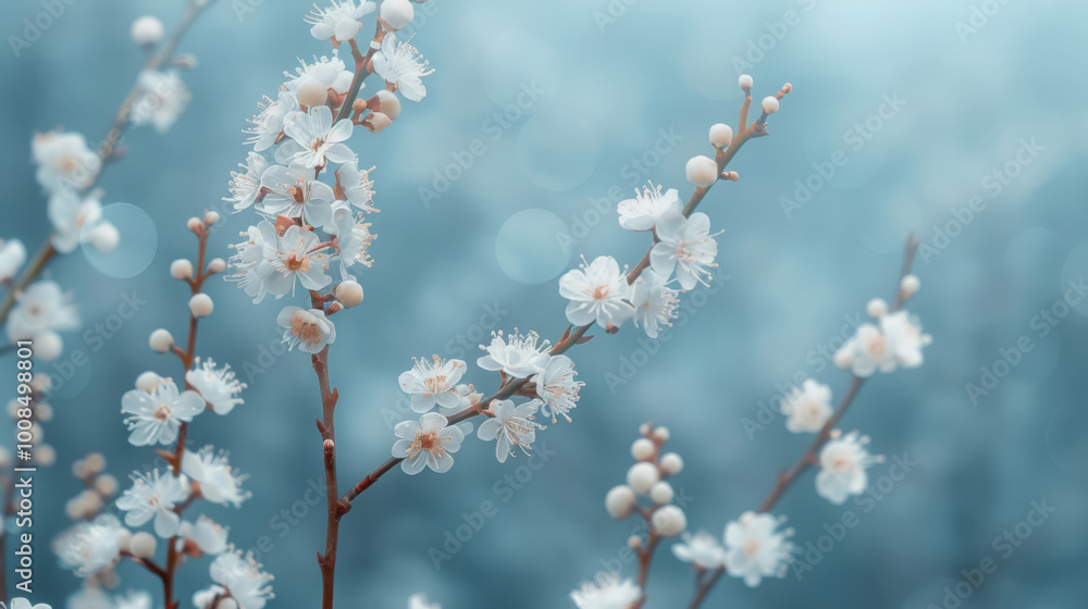 Delicate white blossoms on branches with soft blue background, ideal for nature-inspired designs Delicate white blossoms on branches with soft blue background, ideal for nature-inspired designs