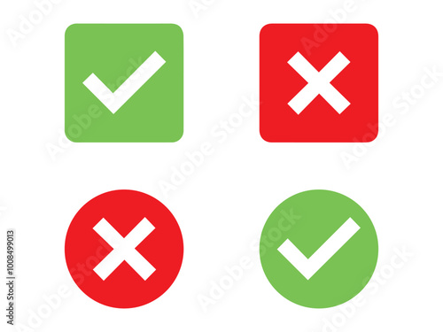 check mark icon button set. check box icon with right and wrong buttons and yes or no checkmark icons in green tick box and red cross