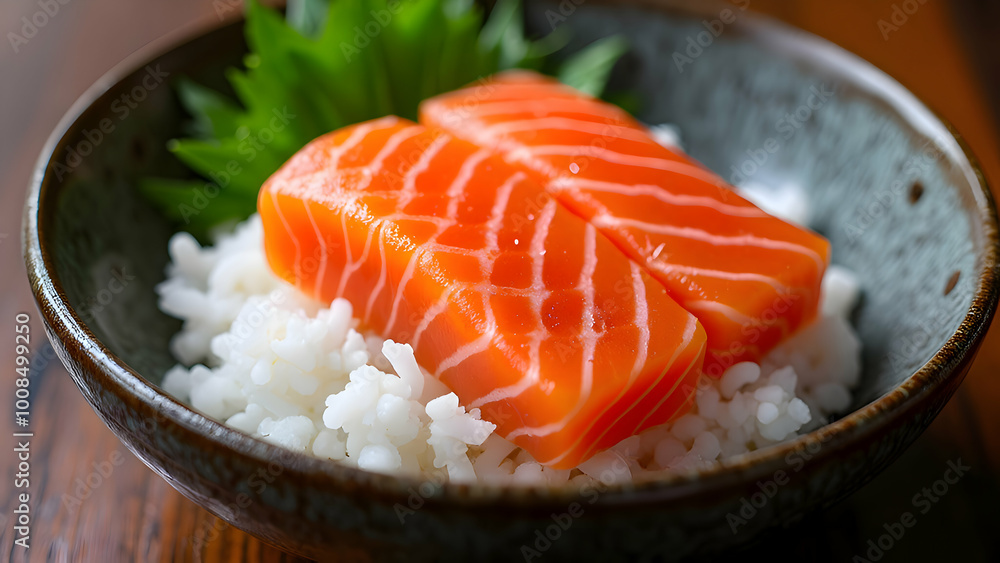 Japanese salmon sushi with rice on ceramic plate Horizontal composition Japanese salmon sushi with rice on ceramic plate Horizontal composition