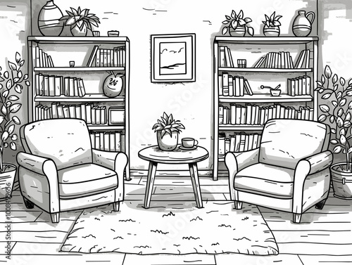 A cozy living room with two chairs, a coffee table, and a vase. The chairs are placed on either side of the table, and the vase is situated in the middle of the table