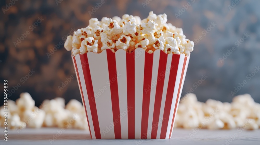 A red and white striped container filled with fluffy popcorn, perfect for movie nights or festivals. Realistic, festive, very detailed A red and white striped container filled with fluffy popcorn, perfect for movie nights or festivals. Realistic, festive, very detailed