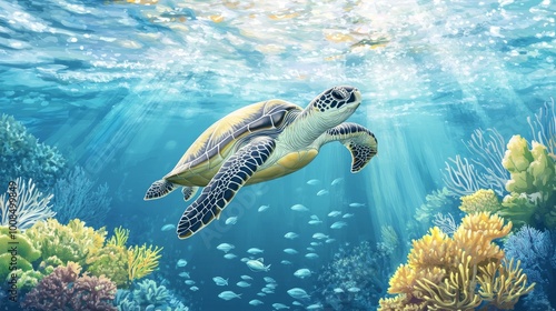 Sea turtle swimming through a vibrant coral reef, bathed in sunlight.