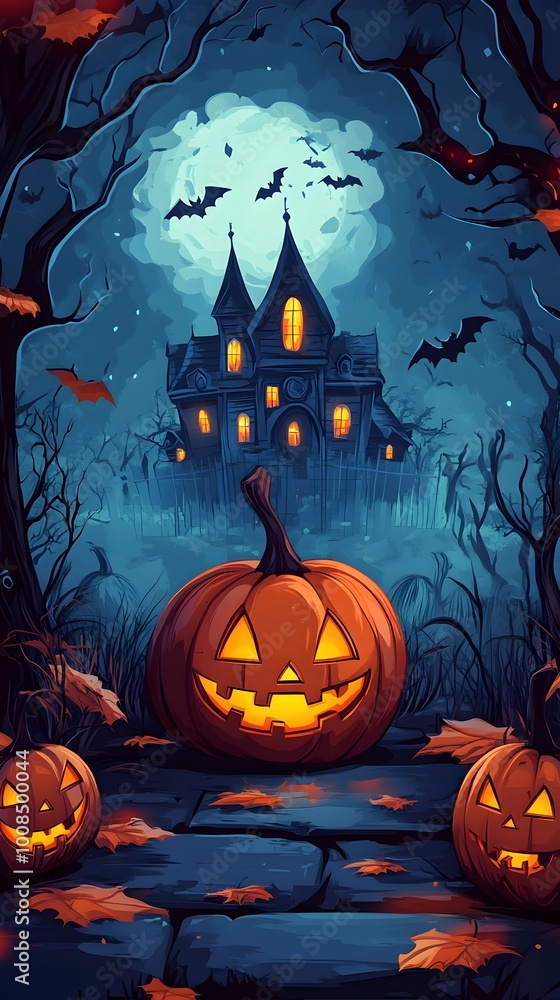 Spooky Haunted Castle and Glowing Jack o Lanterns on a Dark Autumn Night Spooky Haunted Castle and Glowing Jack o Lanterns on a Dark Autumn Night