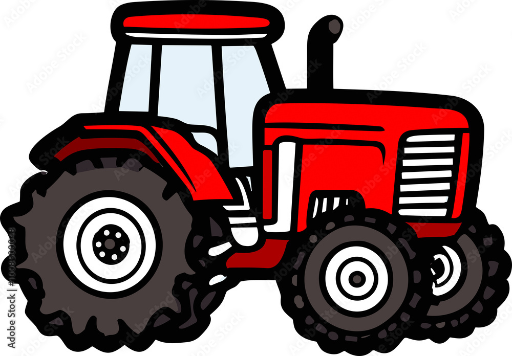 Obraz premium A simplified, stylized depiction of a red farm tractor with large black tires, Clip Art, no background, drawn in a style suitable for children